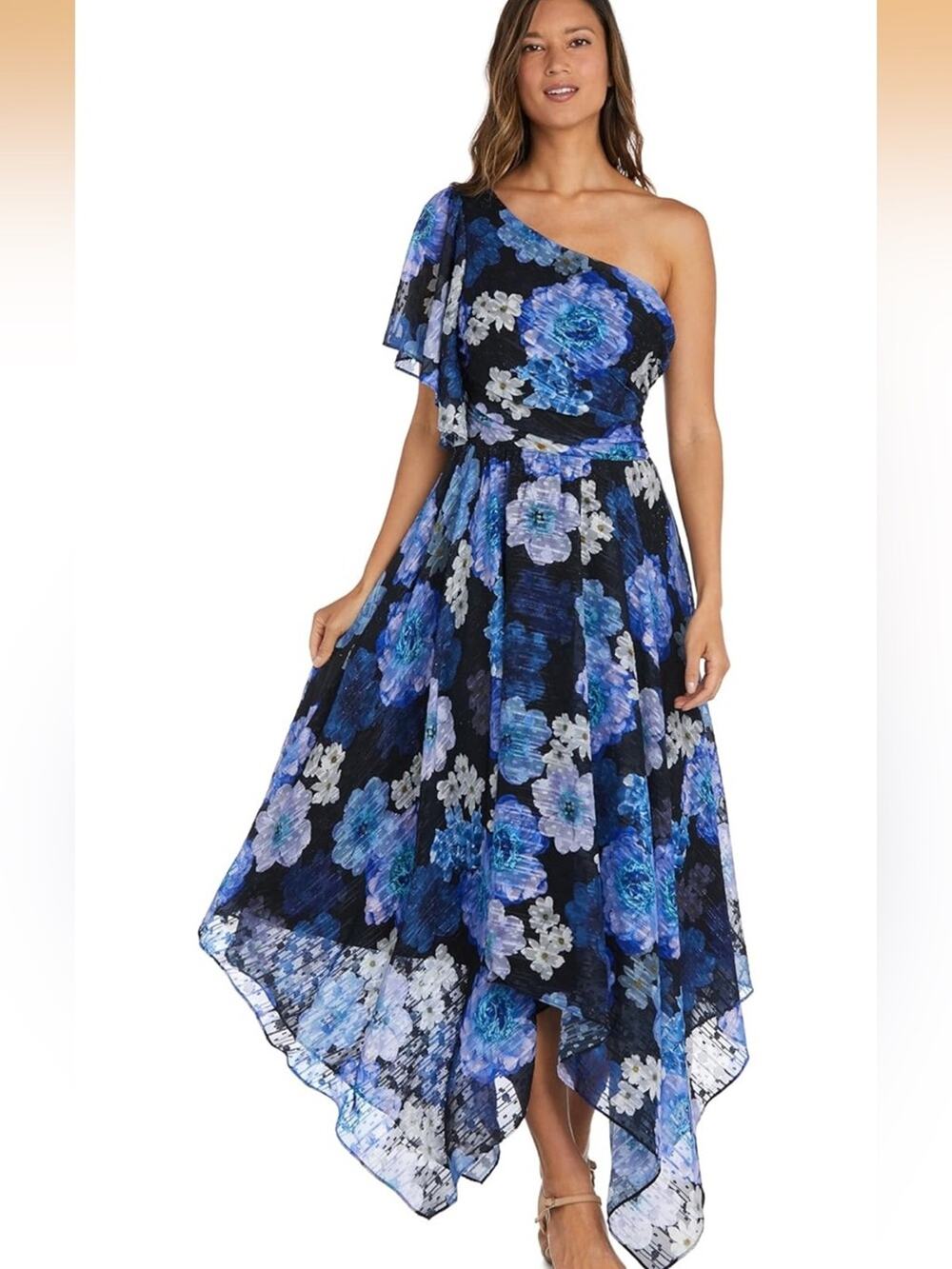 NWT Nightway One-Shoulder Floral Handkerchief-Hem Maxi Dress 10 Wedding Guest